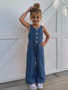 Hapijoa Overall dan Jumpsuit Denim Model Lurus Kasual untuk Anak Perempuan di Musim Gugur - Dark Wash - View 5