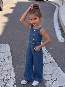 Hapijoa Overall dan Jumpsuit Denim Model Lurus Kasual untuk Anak Perempuan di Musim Gugur - Dark Wash - View 7