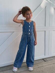 Hapijoa Overall dan Jumpsuit Denim Model Lurus Kasual untuk Anak Perempuan di Musim Gugur - Dark Wash - View 3