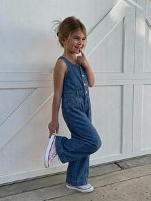 Hapijoa Overall dan Jumpsuit Denim Model Lurus Kasual untuk Anak Perempuan di Musim Gugur - Dark Wash - View 4