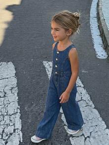 Hapijoa Overall dan Jumpsuit Denim Model Lurus Kasual untuk Anak Perempuan di Musim Gugur - Dark Wash - View 1