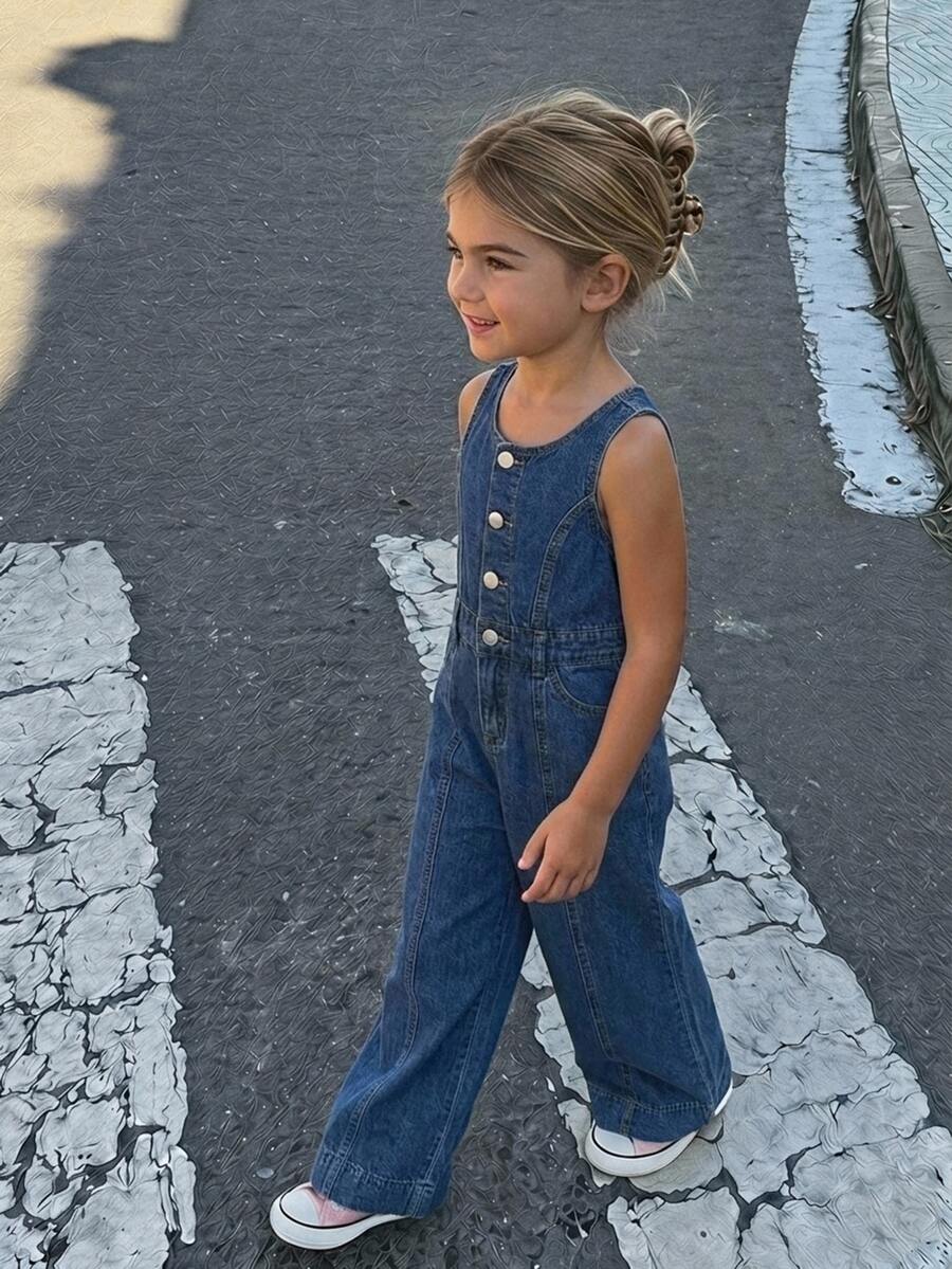 Hapijoa Overall dan Jumpsuit Denim Model Lurus Kasual untuk Anak Perempuan di Musim Gugur - Dark Wash - View 1