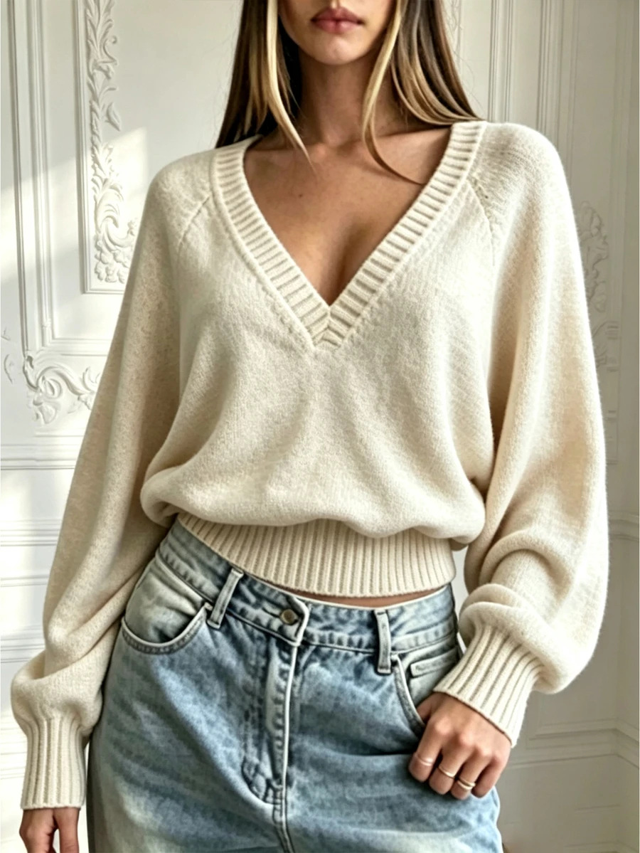INAWLY Women's Casual Solid Color Knit Top, Autumn/Winter - Apricot - View 1