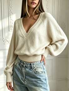 INAWLY Women's Casual Solid Color Knit Top, Autumn/Winter - Apricot - View 3