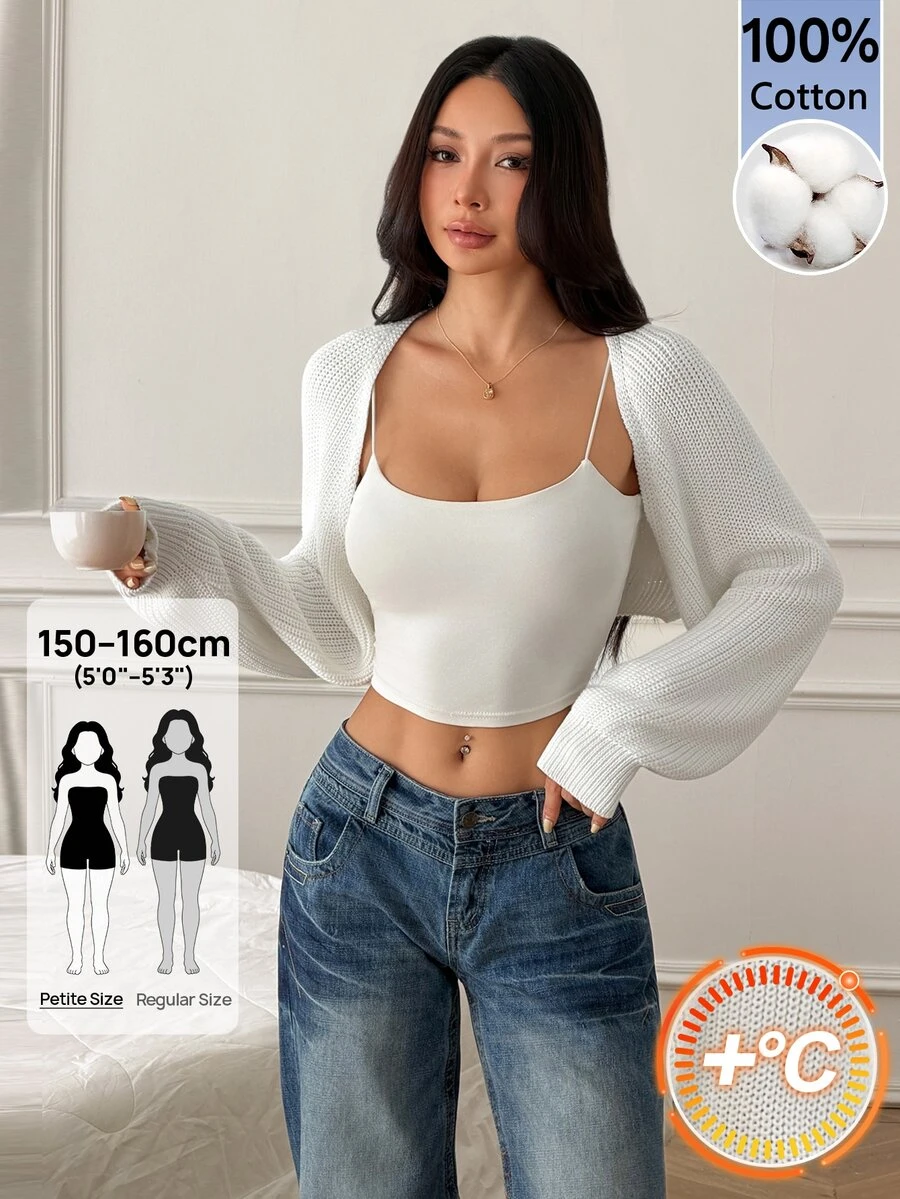 SHEIN PETITE Balletcore Style Ribbed Knit Raglan Sleeve Cropped Cardigan (Without Inner Camisole), Autumn/Winter Knitwear, Suitable For Petite Women - White - View 1