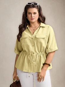 SHEIN LUNE 大尺碼寬鬆抽繩腰襯衫 教師節 辦公室 正式 度假 柔和黃色 夏季 休閒 寬大 優雅 - 淡黃色 - 查看 7