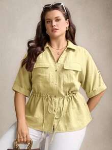 SHEIN LUNE 大尺碼寬鬆抽繩腰襯衫 教師節 辦公室 正式 度假 柔和黃色 夏季 休閒 寬大 優雅 - 淡黃色 - 查看 9