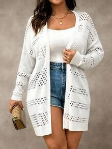 Elenzga Plus Size Solid Color Casual Long Sleeve Hollow-Out Knit Cardigan Fall - White - View 3