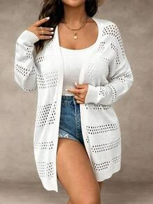 Elenzga Plus Size Solid Color Casual Long Sleeve Hollow-Out Knit Cardigan Fall - White - View 5