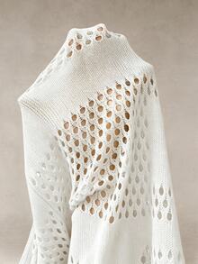 Elenzga Plus Size Solid Color Casual Long Sleeve Hollow-Out Knit Cardigan Fall - White - View 6