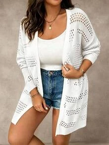 Elenzga Plus Size Solid Color Casual Long Sleeve Hollow-Out Knit Cardigan Fall - White - View 4
