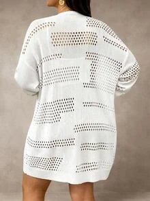 Elenzga Plus Size Solid Color Casual Long Sleeve Hollow-Out Knit Cardigan Fall - White - View 2