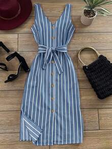 INAWLY Women's Summer Casual Striped Front Button Sleeveless Dress - Blue - View 3