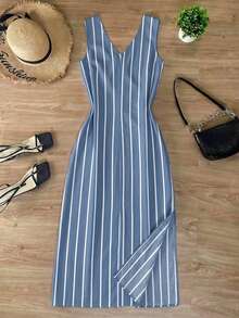 INAWLY Women's Summer Casual Striped Front Button Sleeveless Dress - Blue - View 2