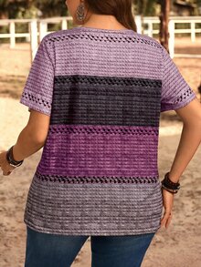 EMERY ROSE Plus Size Women Round Neck Color Block Casual Everyday Short Sleeve T-Shirt - Red Violet - View 3