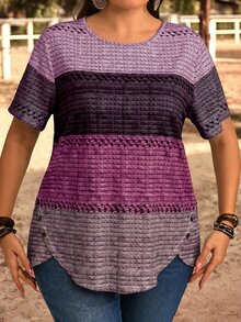 EMERY ROSE Plus Size Women Round Neck Color Block Casual Everyday Short Sleeve T-Shirt - Red Violet - View 4