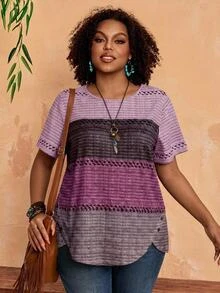 EMERY ROSE Plus Size Women Round Neck Color Block Casual Everyday Short Sleeve T-Shirt - Red Violet - View 2