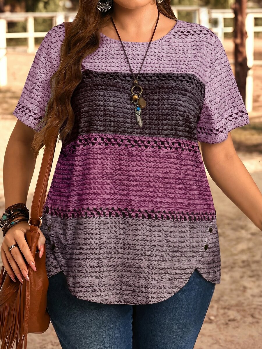 EMERY ROSE Plus Size Women Round Neck Color Block Casual Everyday Short Sleeve T-Shirt - Red Violet - View 1
