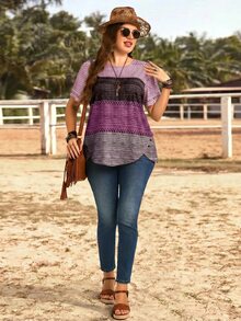 EMERY ROSE Plus Size Women Round Neck Color Block Casual Everyday Short Sleeve T-Shirt - Red Violet - View 5