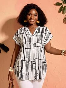 EMERY ROSE Plus Size Colorblock Print Casual Short Sleeve Shirt, Going Out Tops - White - View 2