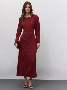 Nöista Burgundy Jacquard Maxi Dress With Puff Shoulders And Open Back. Fall, Winter, Formal Party Night, Evening Dinner Cocktail, Elegant, Wedding Guest - Burgundy - View 3