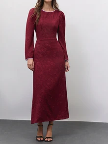 Nöista Burgundy Jacquard Maxi Dress With Puff Shoulders And Open Back. Fall, Winter, Formal Party Night, Evening Dinner Cocktail, Elegant, Wedding Guest - Burgundy - View 2