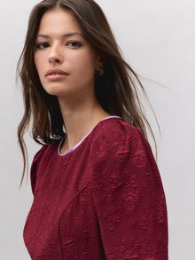 Nöista Burgundy Jacquard Maxi Dress With Puff Shoulders And Open Back. Fall, Winter, Formal Party Night, Evening Dinner Cocktail, Elegant, Wedding Guest - Burgundy - View 4