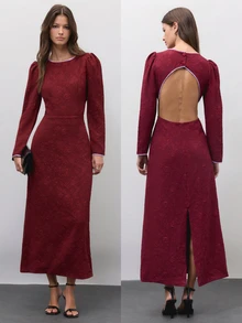 Nöista Burgundy Jacquard Maxi Dress With Puff Shoulders And Open Back. Fall, Winter, Formal Party Night, Evening Dinner Cocktail, Elegant, Wedding Guest - Burgundy - View 1