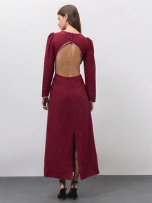 Nöista Burgundy Jacquard Maxi Dress With Puff Shoulders And Open Back. Fall, Winter, Formal Party Night, Evening Dinner Cocktail, Elegant, Wedding Guest - Burgundy - View 6