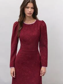 Nöista Burgundy Jacquard Maxi Dress With Puff Shoulders And Open Back. Fall, Winter, Formal Party Night, Evening Dinner Cocktail, Elegant, Wedding Guest - Burgundy - View 5