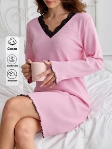 SHEIN فستان نسائي كاجوال للاسترخاء بياقة V من الدانتيل المتباين وأكمام طويلة مضلعة وحافة كشكش وشورت - وردي - مشاهدة 7