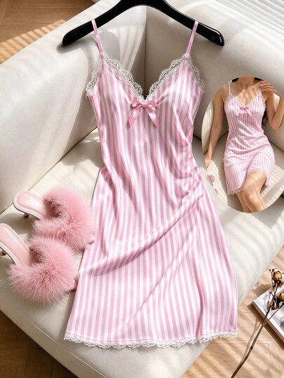 Wovencharm Wovencharm Tall Cotton Pink With White Striped Contrast Lace&Bow Sleeeveless Nightgown Homewear Casual Dress