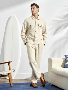 VeloEdit Men's Waffle Textured Jacquard Blazer And Pants Casual Suit, Men Two Pieces Outfits, Fall Clothes - Apricot - View 3