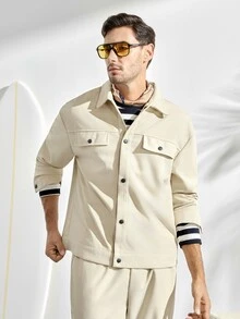 VeloEdit Men's Waffle Textured Jacquard Blazer And Pants Casual Suit, Men Two Pieces Outfits, Fall Clothes - Apricot - View 7