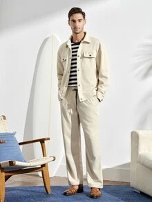 VeloEdit Men's Waffle Textured Jacquard Blazer And Pants Casual Suit, Men Two Pieces Outfits, Fall Clothes - Apricot - View 1