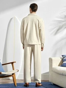 VeloEdit Men's Waffle Textured Jacquard Blazer And Pants Casual Suit, Men Two Pieces Outfits, Fall Clothes - Apricot - View 2