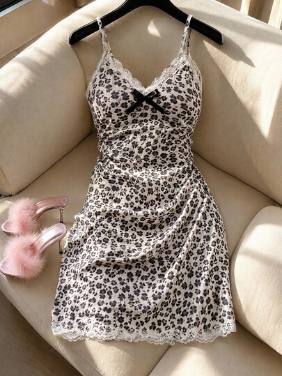 Wovencharm Wovencharm Tall Cotton Black And White Leopard Print Leopard Pattern Contrast Lace Bow Neck Detail Sleeveless Nightgown Dress Home Sleep Summer Sexy Cow Girl