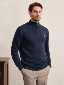 VeloEdit Men's Casual Stand Collar Sweater, Autumn/Winter - Navy Blue - View 6
