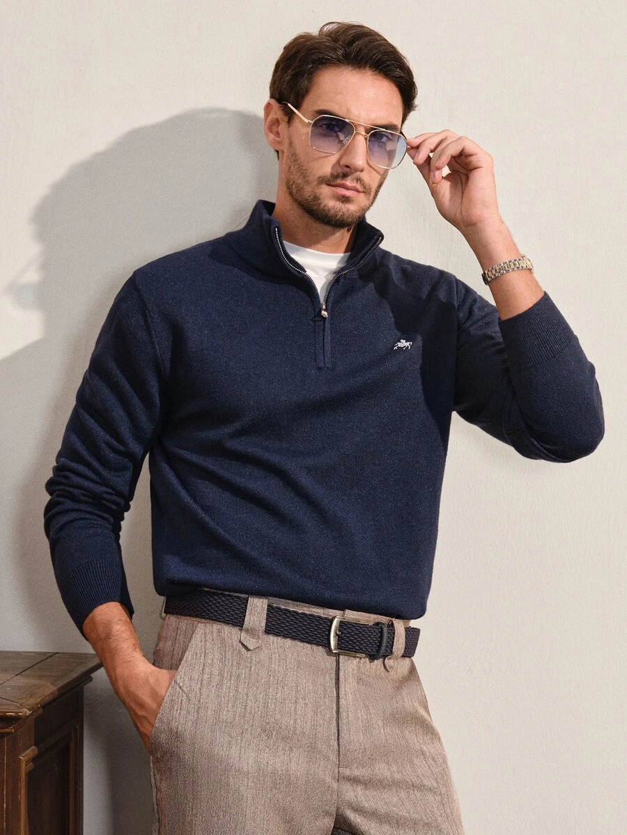 VeloEdit Men's Casual Stand Collar Sweater, Autumn/Winter - Navy Blue - View 1
