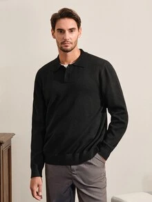 VeloEdit Men's Fashion Button Half-Placket Long Sleeve Knit Top, High Quality - Black - View 4