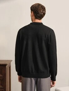 VeloEdit Men's Fashion Button Half-Placket Long Sleeve Knit Top, High Quality - Black - View 2