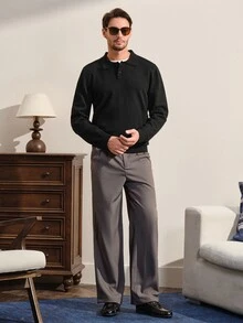 VeloEdit Men's Fashion Button Half-Placket Long Sleeve Knit Top, High Quality - Black - View 8
