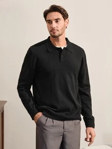 VeloEdit Men's Fashion Button Half-Placket Long Sleeve Knit Top, High Quality - Black - View 5