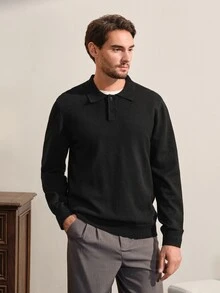 VeloEdit Men's Fashion Button Half-Placket Long Sleeve Knit Top, High Quality - Black - View 6