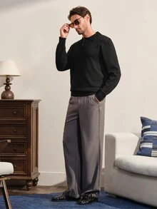 VeloEdit Men's Fashion Button Half-Placket Long Sleeve Knit Top, High Quality - Black - View 3