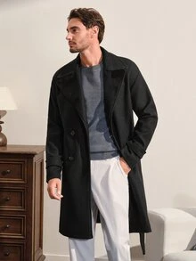 VeloEdit 宽松男士长袖翻领落肩系带大衣，简约休闲外出款 - 黑色 - 查看 5