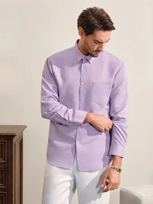 VeloEdit 男士春秋休閒純色長袖正式襯衫，淺紫色襯衫，男士紫色正裝襯衫，適合秋季、儀式 - 淡紫色 - 查看 5