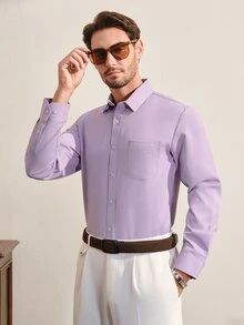 VeloEdit 男士春秋休閒純色長袖正式襯衫，淺紫色襯衫，男士紫色正裝襯衫，適合秋季、儀式 - 淡紫色 - 查看 1