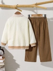 SHEIN Little Byeori 2件組兒童小男孩休閒紋理布料2合1衛衣與燈芯絨卡其褲套裝，適合秋冬、學校、家庭聚會、返校、運動、秋季穿搭、冬季穿搭、生日派對 - 彩色 - 查看 4