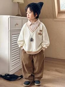 SHEIN Little Byeori 2件組兒童小男孩休閒紋理布料2合1衛衣與燈芯絨卡其褲套裝，適合秋冬、學校、家庭聚會、返校、運動、秋季穿搭、冬季穿搭、生日派對 - 彩色 - 查看 2